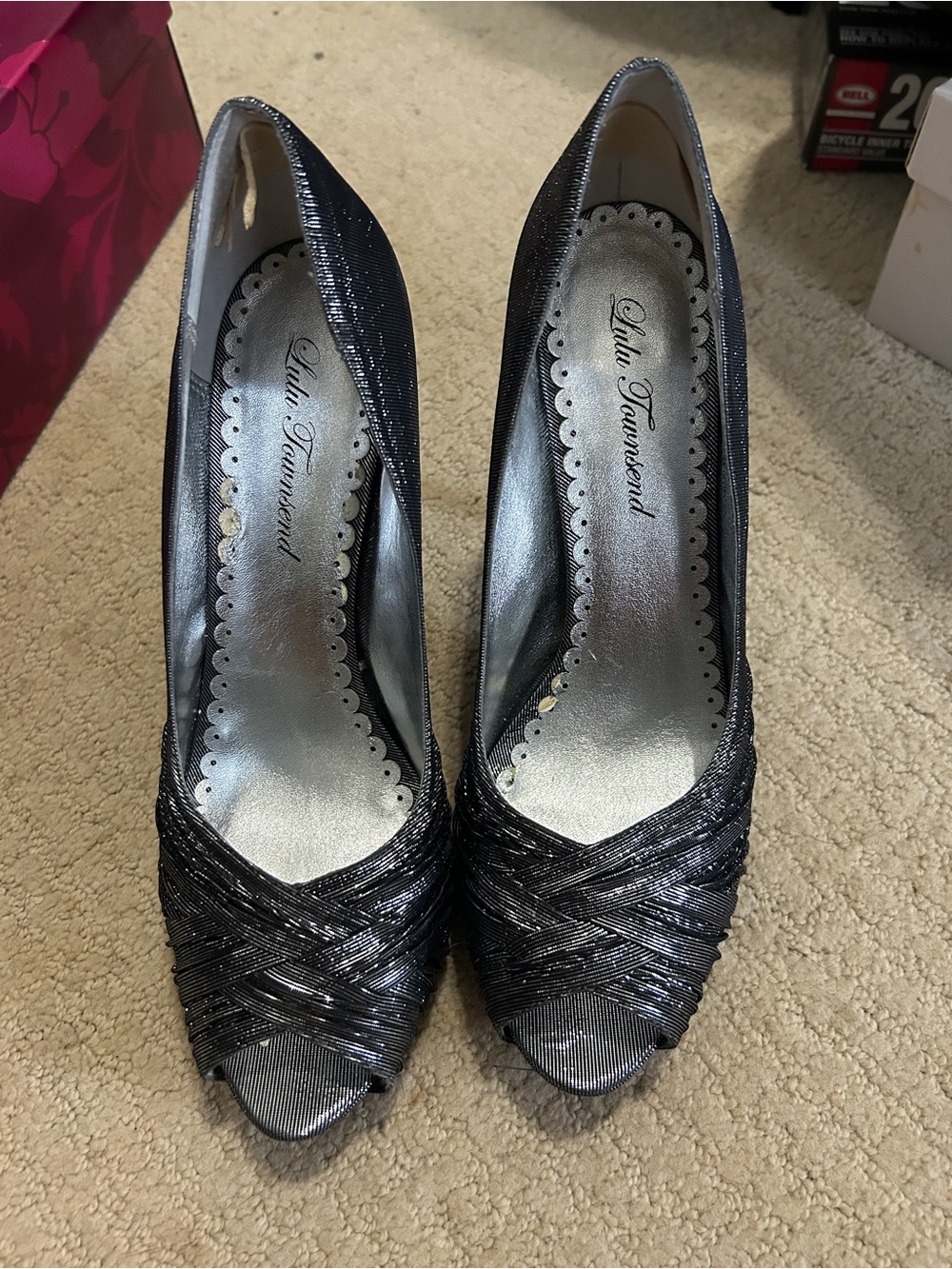 Lulu Townsend Metallic Black Woven Peep-Toe Heels